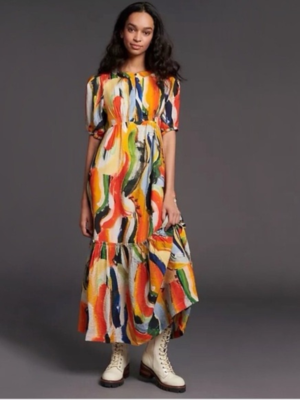 Anthropologie Maeve Suzannah Colorful Abstract Print Tiered Maxi Dress, Sz Small